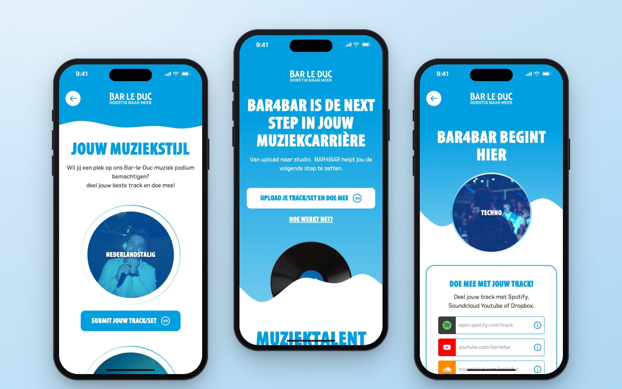 Three Bar-4-Bar screens on a phone: the genres, the landing page and the form