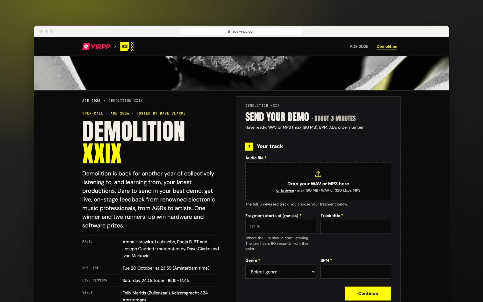The Demolition XXIX page on ade.virpp.com, with the panel, the deadline and the submission form