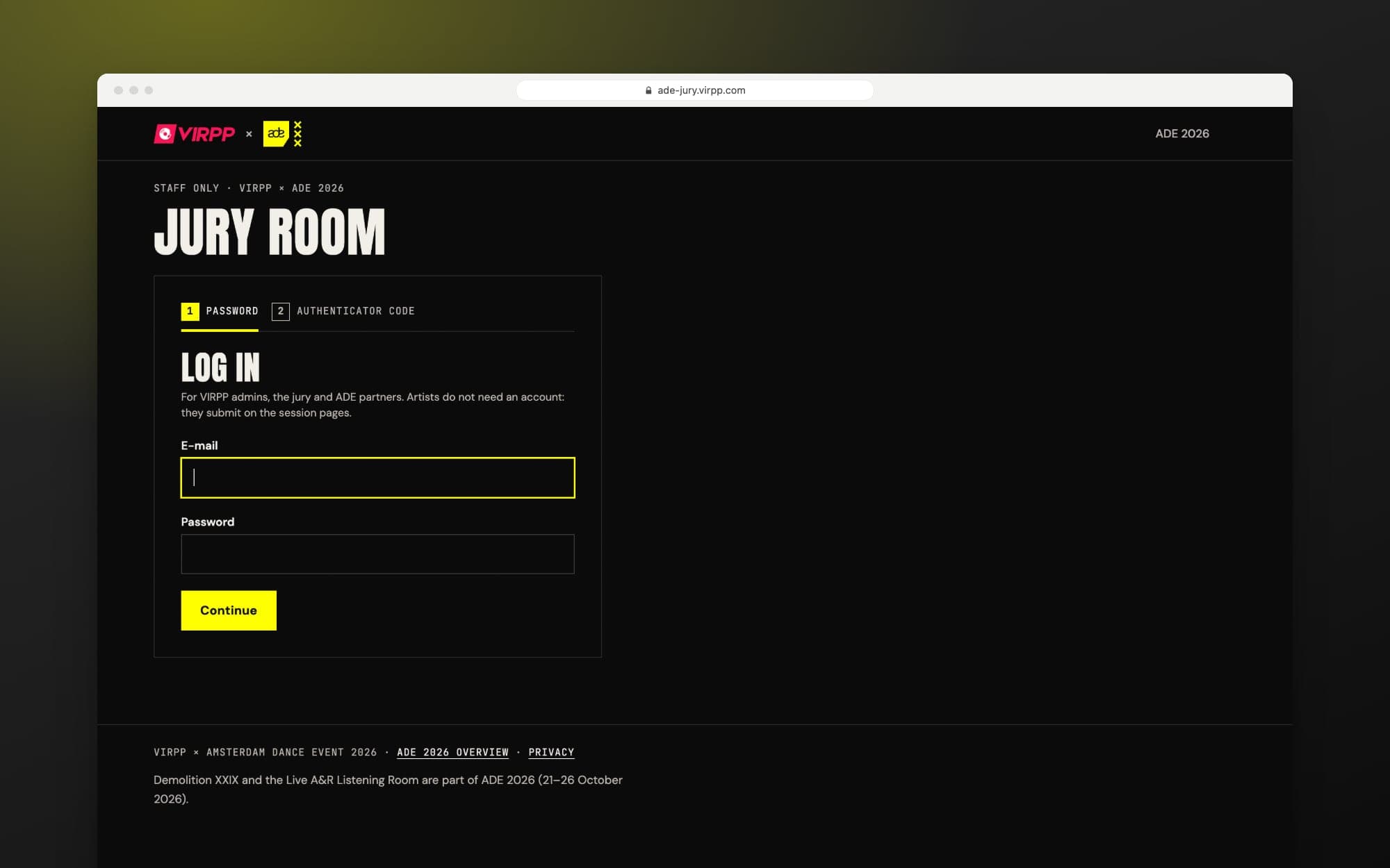 The jury environment login screen, first with a password and then a code by email
