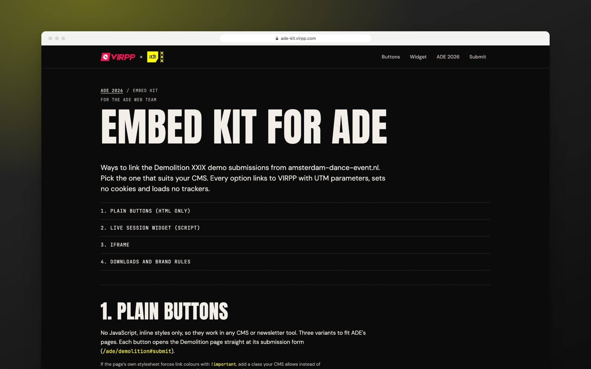 The embed kit for ADE's web team, with buttons, a widget, an iframe and the brand guidelines