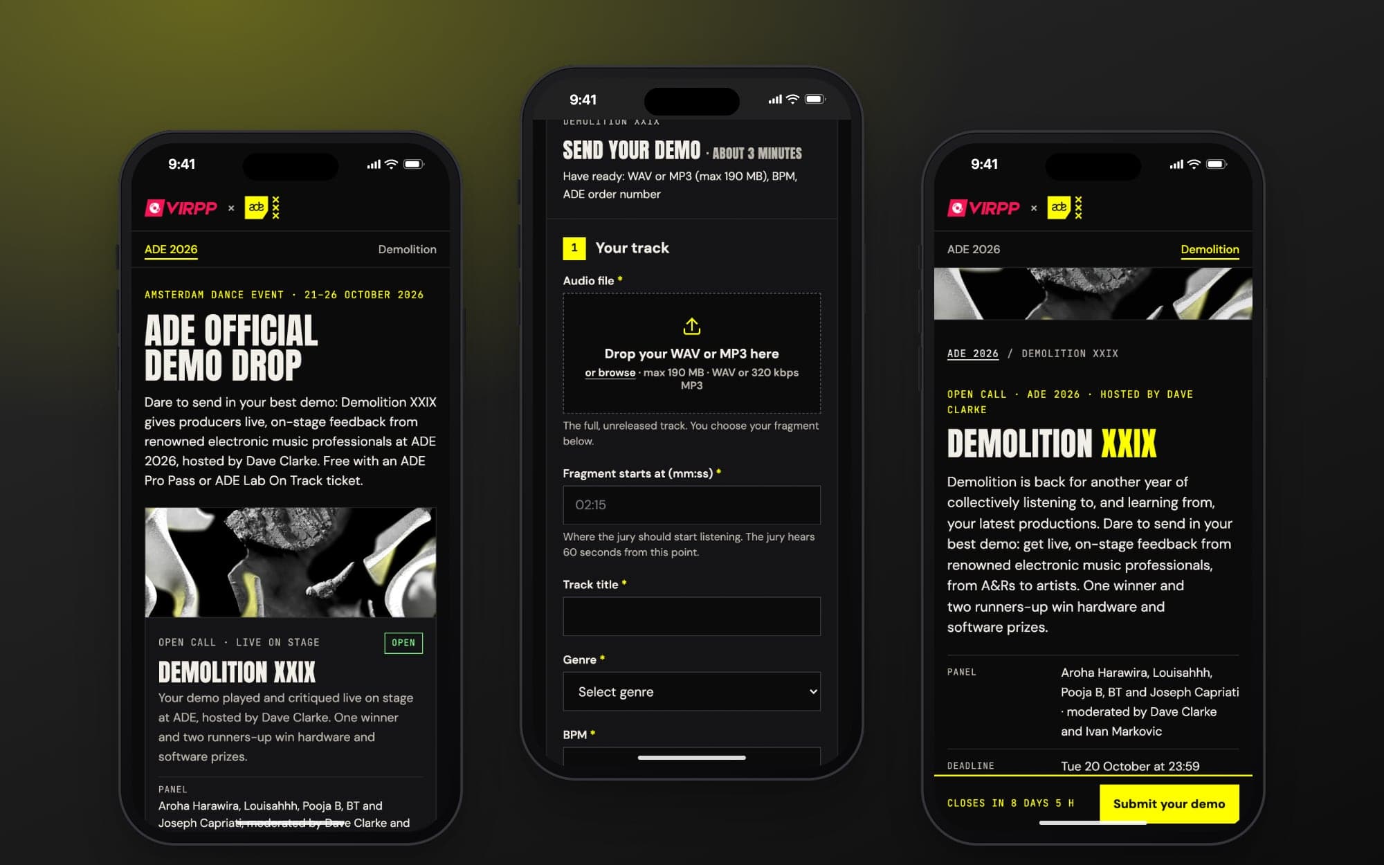The ADE demo submission on a phone: the overview page, the submission form and the Demolition XXIX page