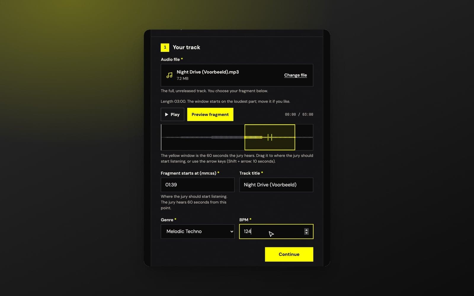 The ADE demo submission form, where a producer picks the 60-second clip