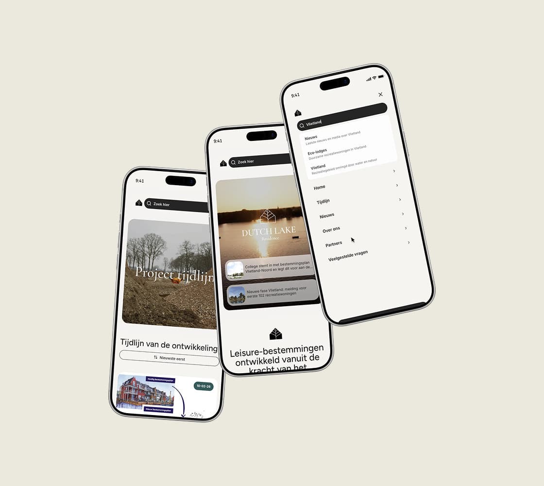 Three phone screens of the platform: the project timeline, the news overview page and the search field with suggestions for Vlietland.