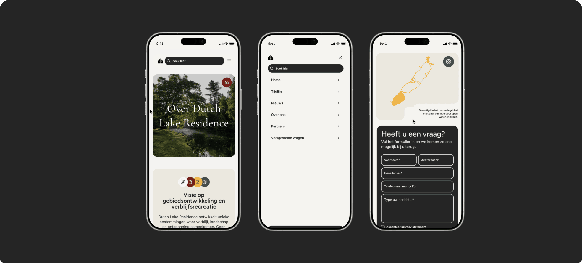 Three phone screens: the About Dutch Lake Residence page, the expanded menu and the contact form with a map of the area.
