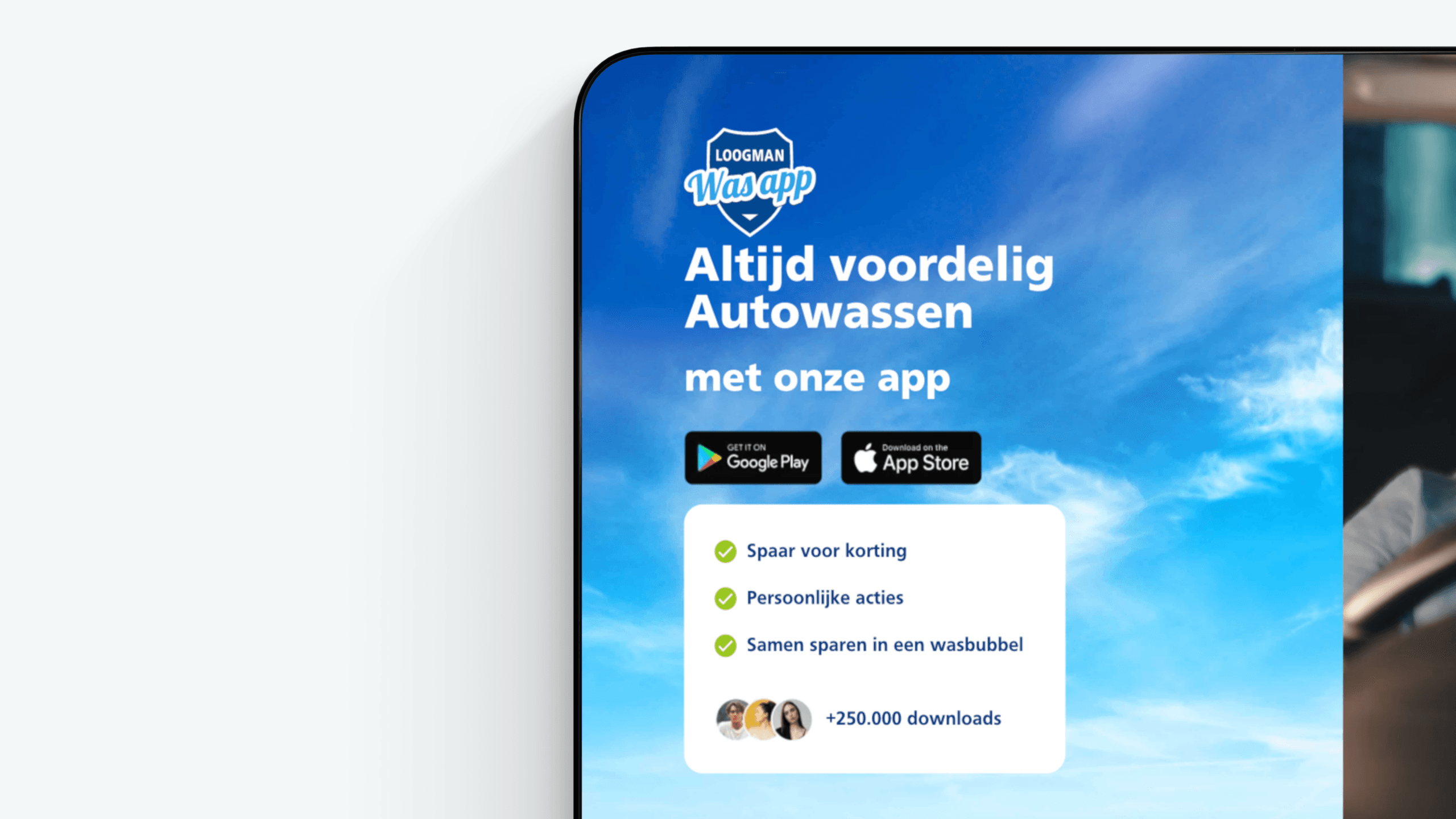 The download page for the Loogman Was App with the app store buttons