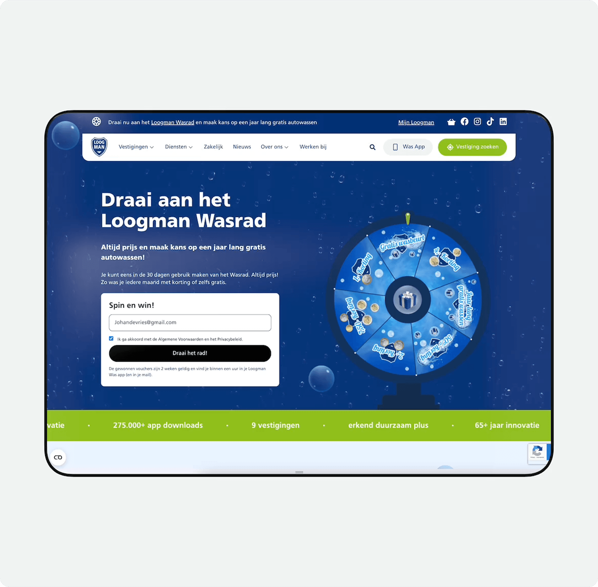 The Wasrad page where customers win a discount or a free wash