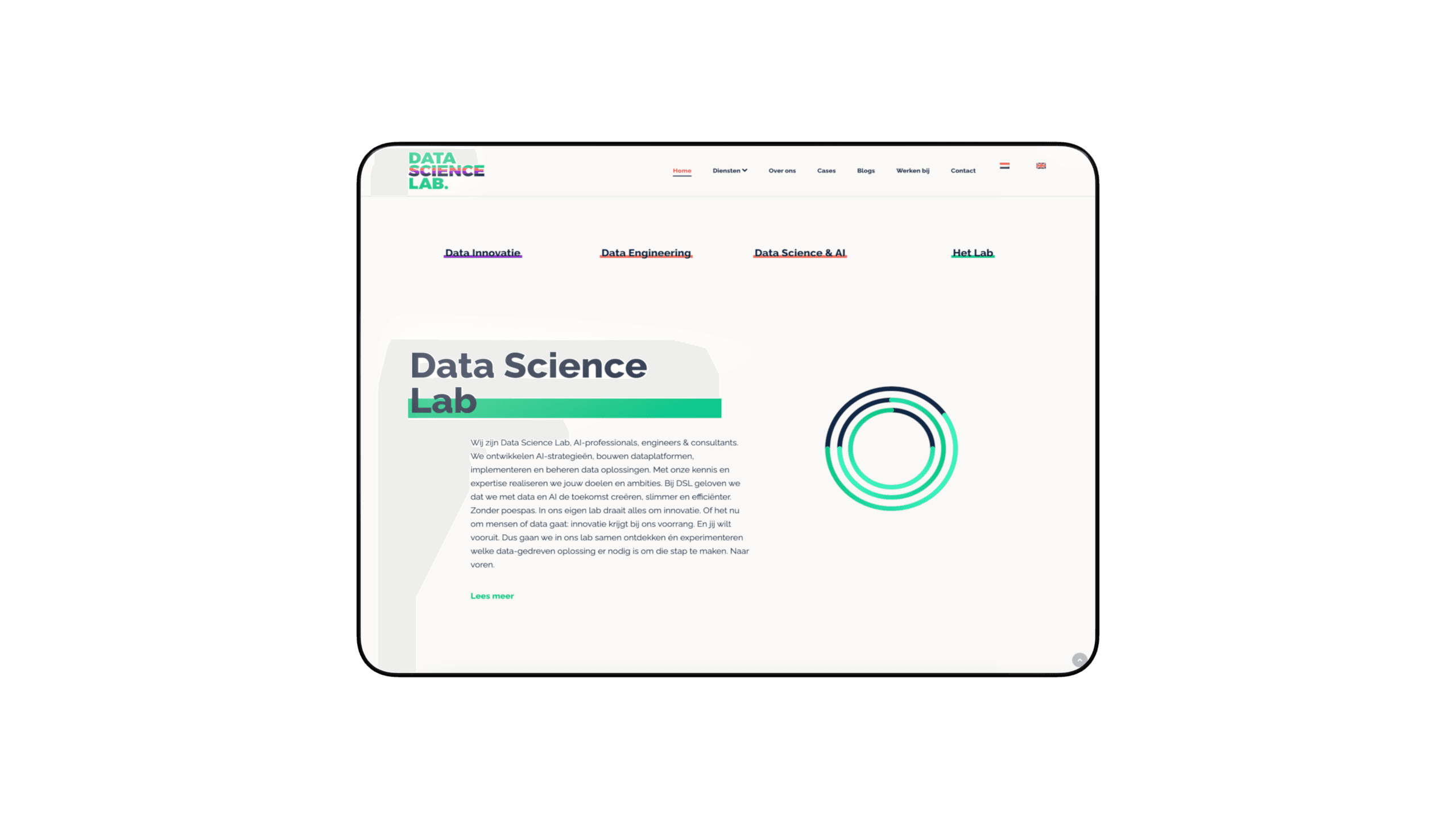 Data Science Lab's old website: four service links above an introduction to the lab, with a circular logo mark beside it.