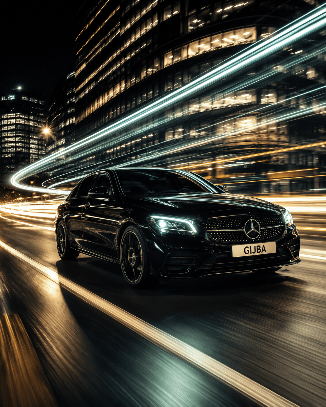 A black Mercedes with a GIJBA number plate on a lit city road, the opening image of the financial lease platform.