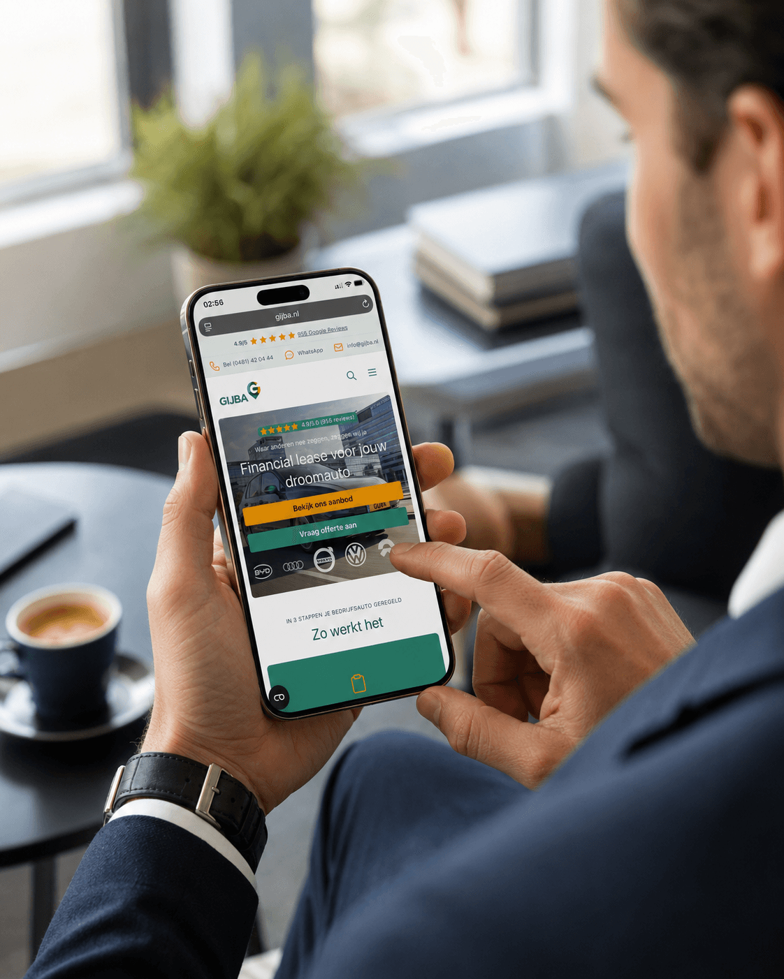 A business owner viewing the GIJBA financial lease website on a phone, with customer reviews and the 'How it works' explanation