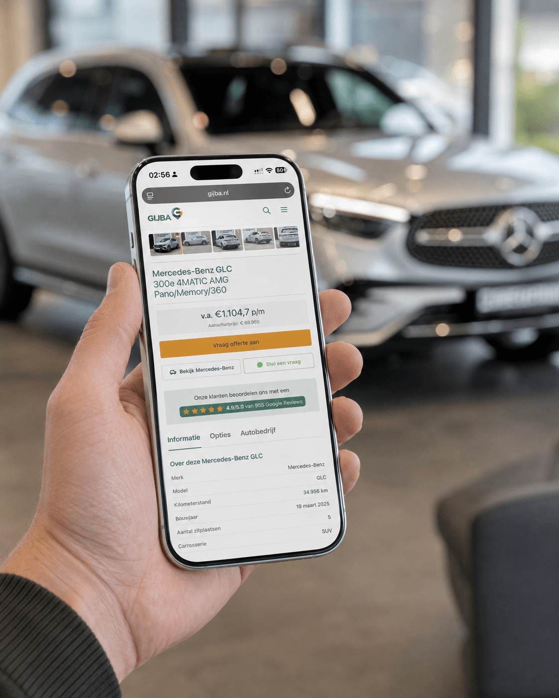 GIJBA vehicle detail page on a phone, with a Mercedes-Benz GLC, monthly amount, specifications and request button, viewed in the showroom