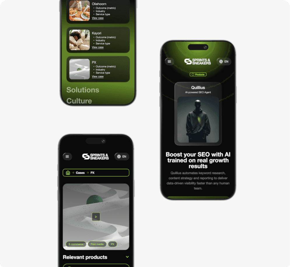 Three iPhones showing the mobile view of the Sprints & Sneakers platform: the Upcoming Events overview, a case detail page and the festival line-up with team profiles