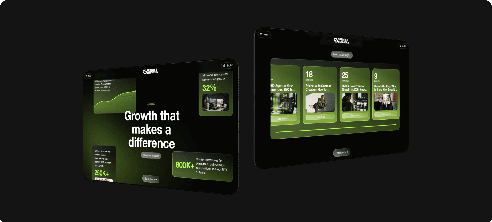 Two tablets showing the Sprints & Sneakers headless platform, with the Quilius AI-powered SEO product page and the Our Values section with numbered cards