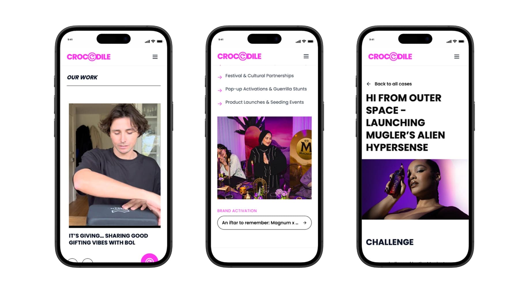 Three phone screens: the work overview, the list of services with brand activations and a case page about the launch of Mugler Alien Hypersense.