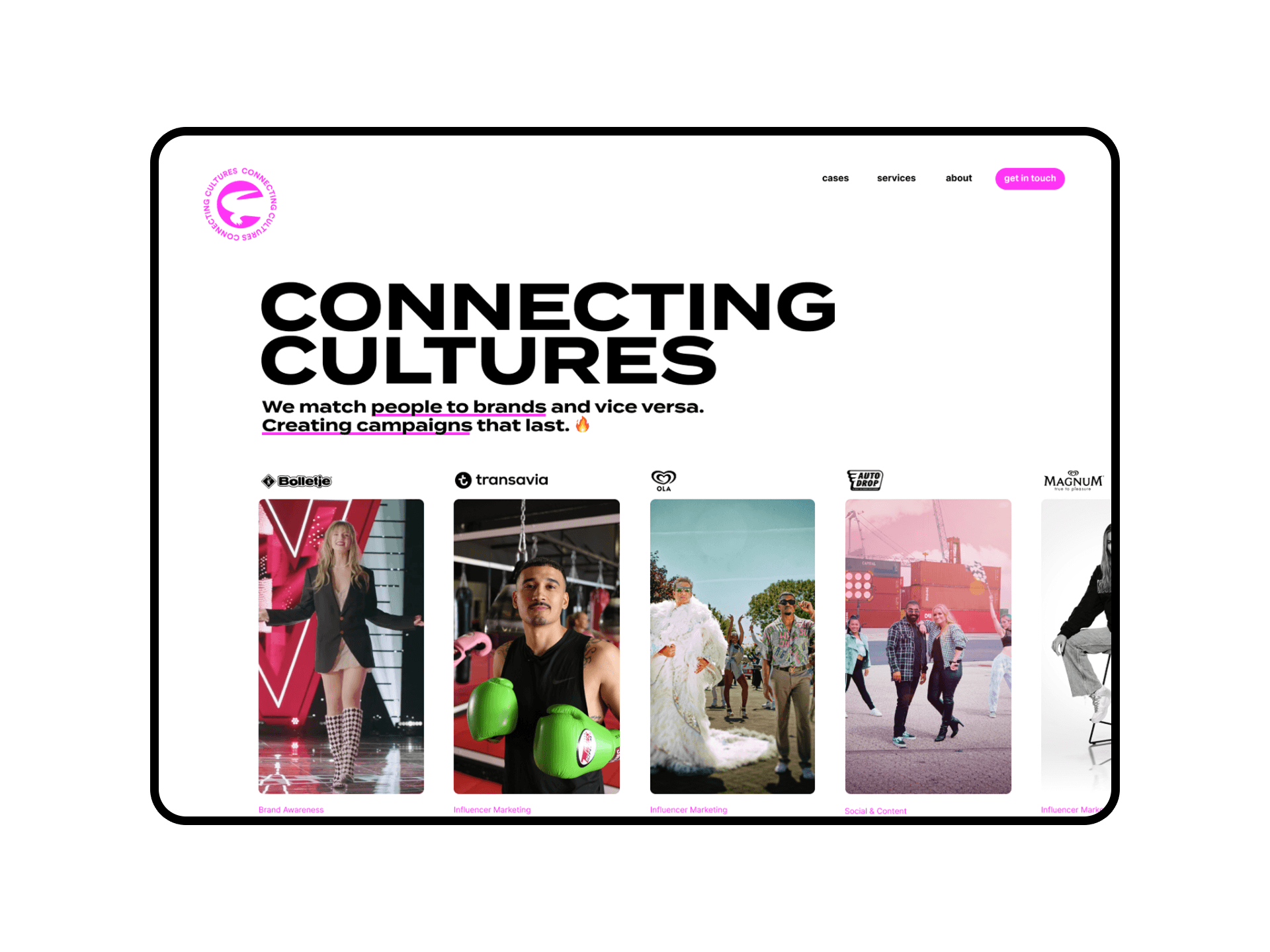 The homepage with the heading "Connecting cultures" and a row of campaign cards for Bolletje, Transavia, Ola, Auto Drop and Magnum.