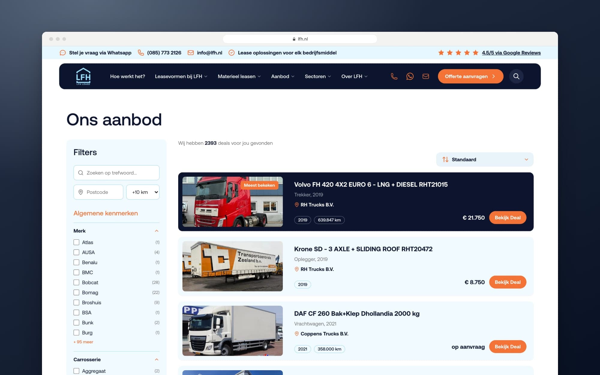 The stock overview on lfh.nl, with filters for make and body type and a list of items with prices