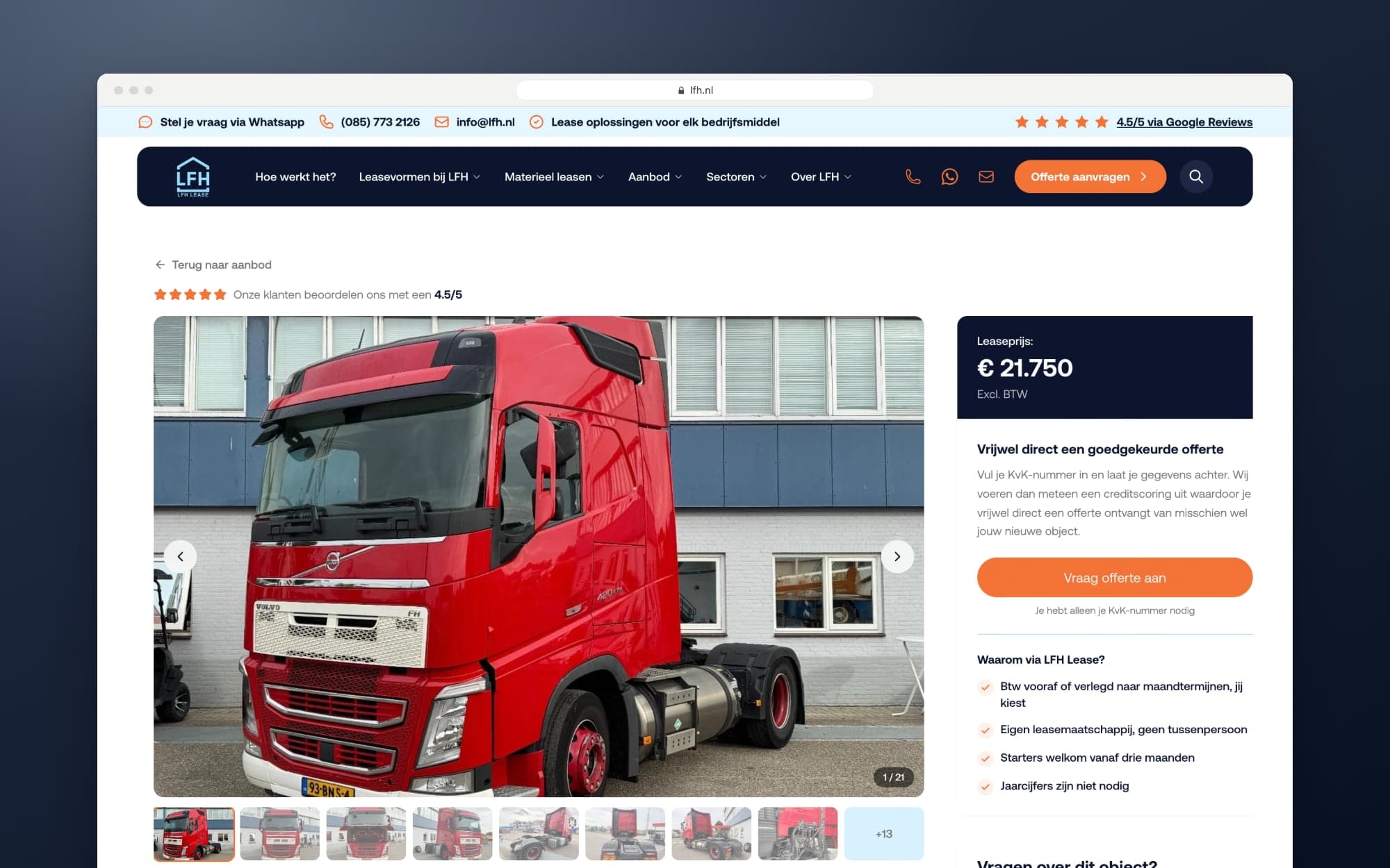 The page for a lorry in the stock listings, with photos, price, quote button and the benefits of leasing through LFH