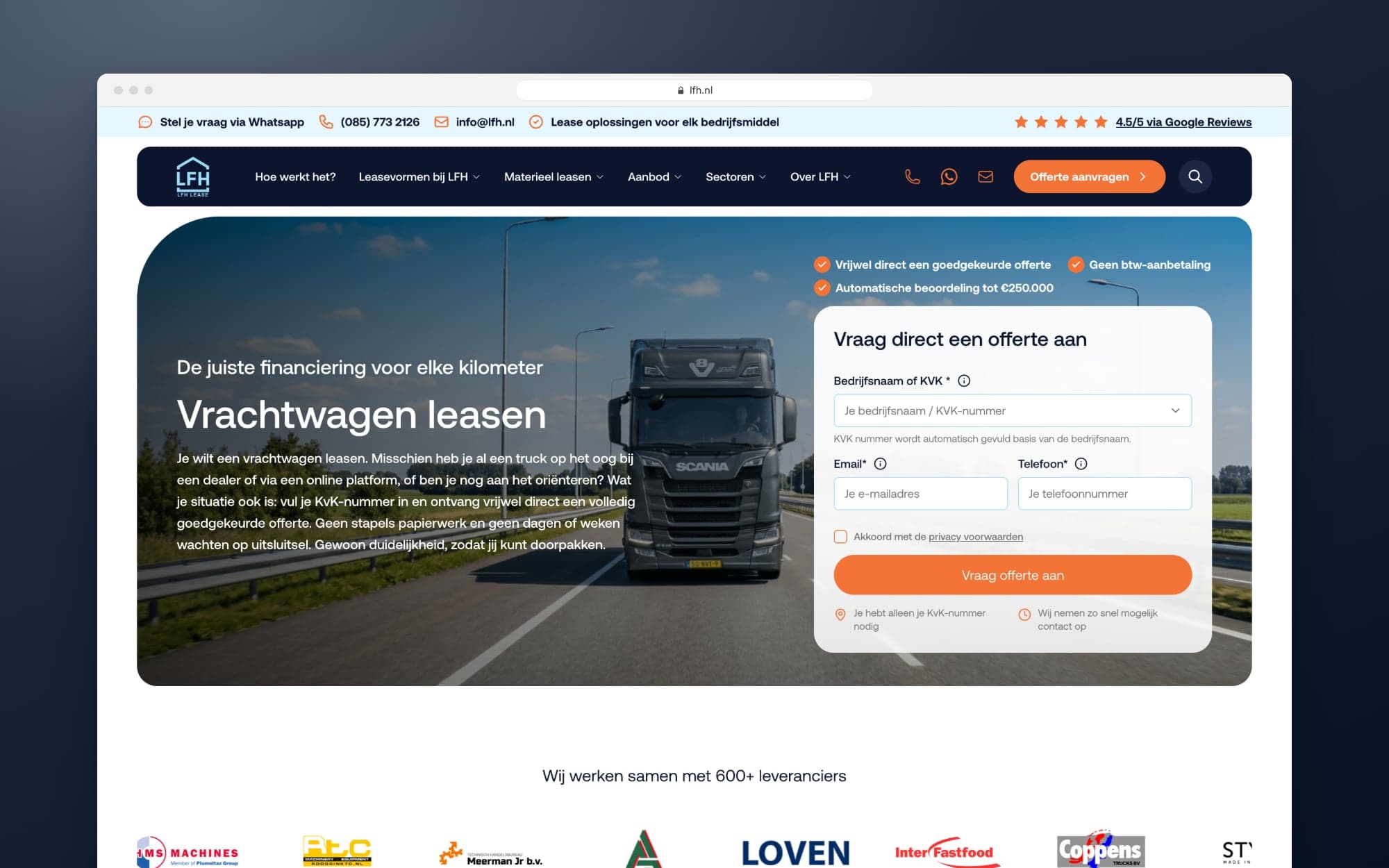 The lorry leasing page, with an explanation and the quote form at the top