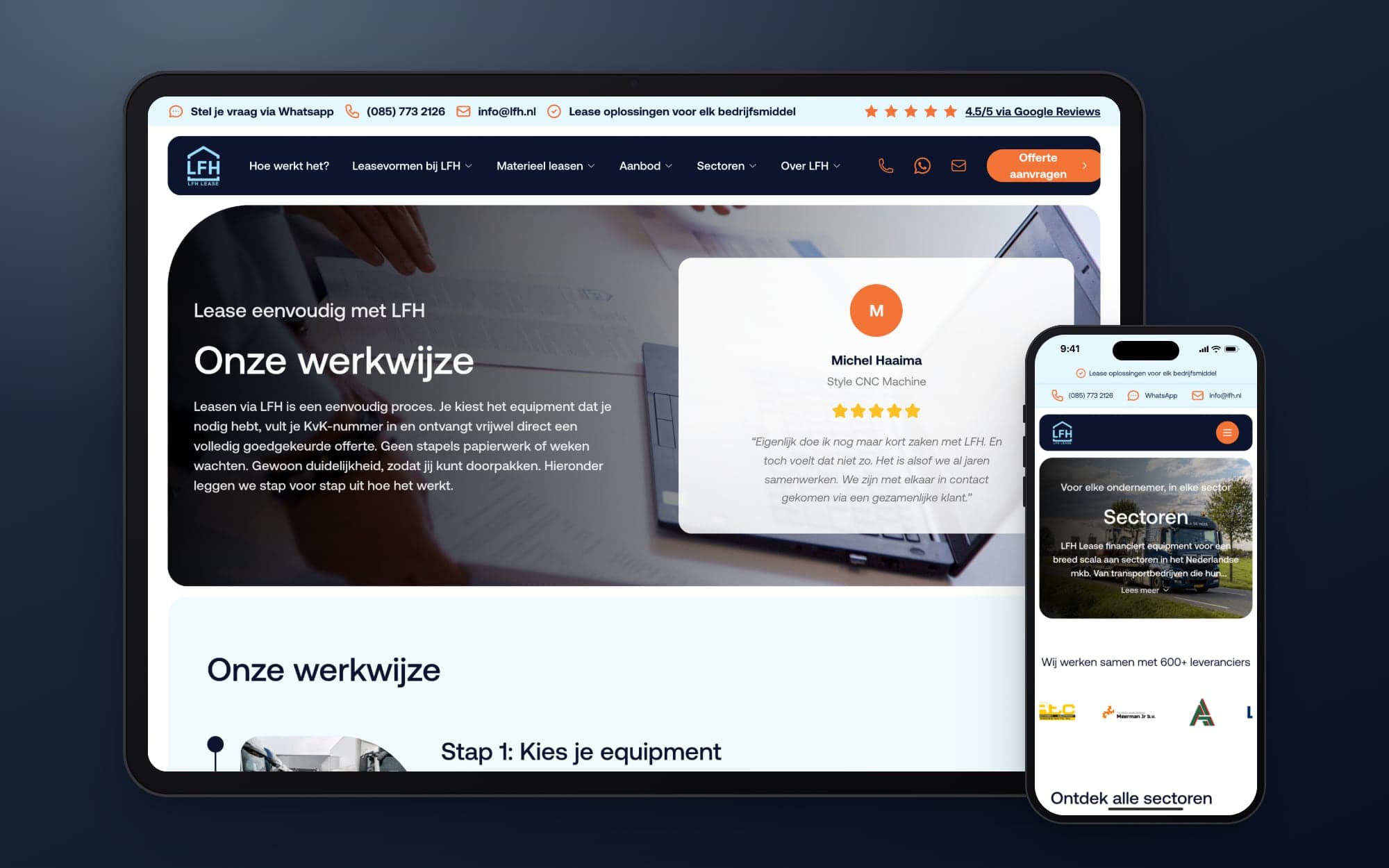 The page about the process on a tablet, with the sectors page on a phone in front of it