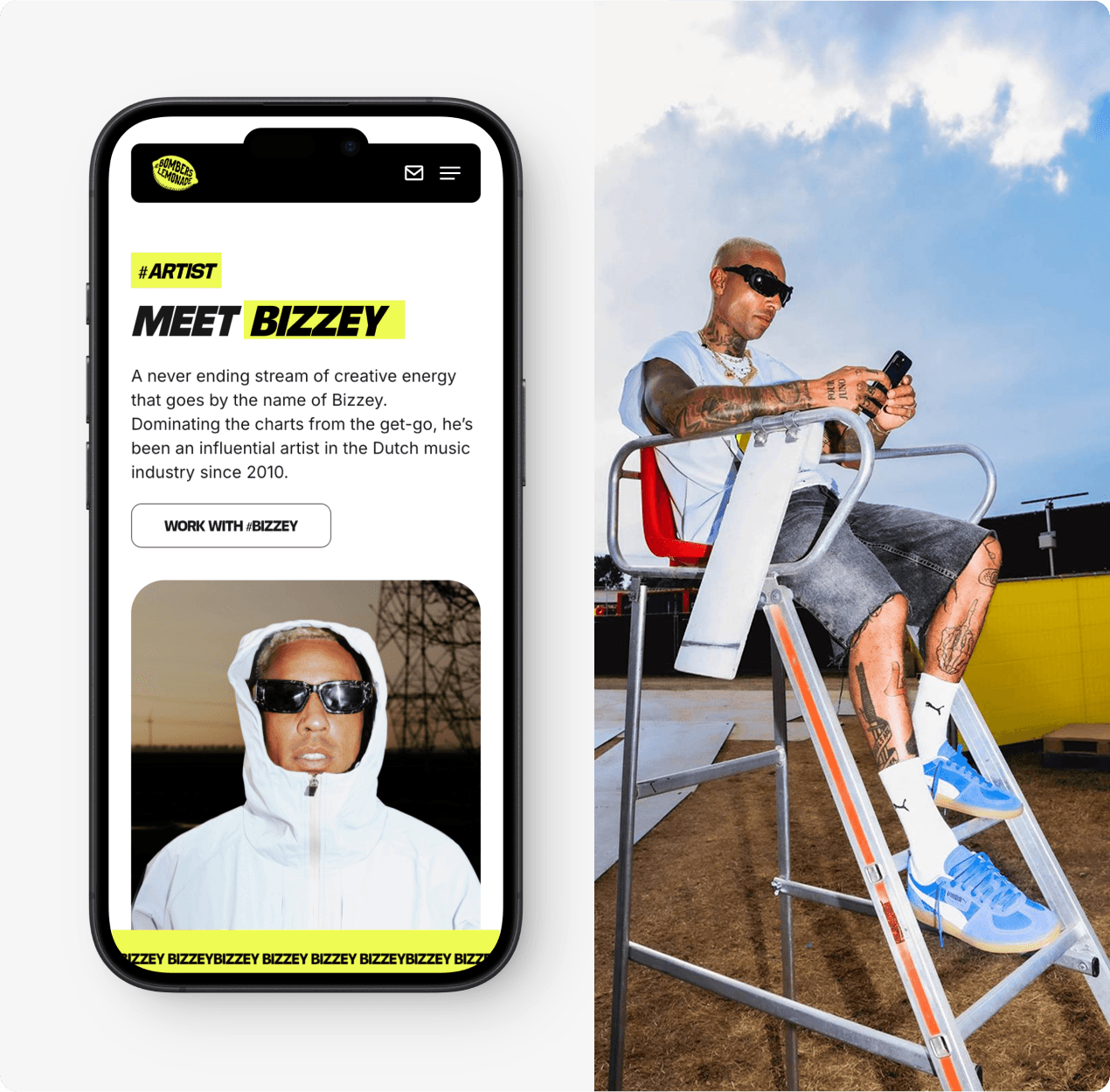 A phone screen showing Bizzey's artist profile next to a photo of the artist on an umpire's chair.