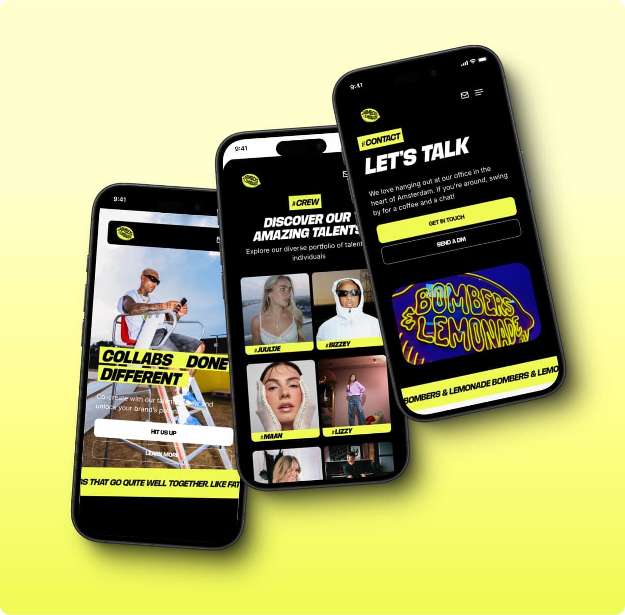 Three phone screens on a yellow background: the homepage with "Collabs done different", the talent overview and the contact page.