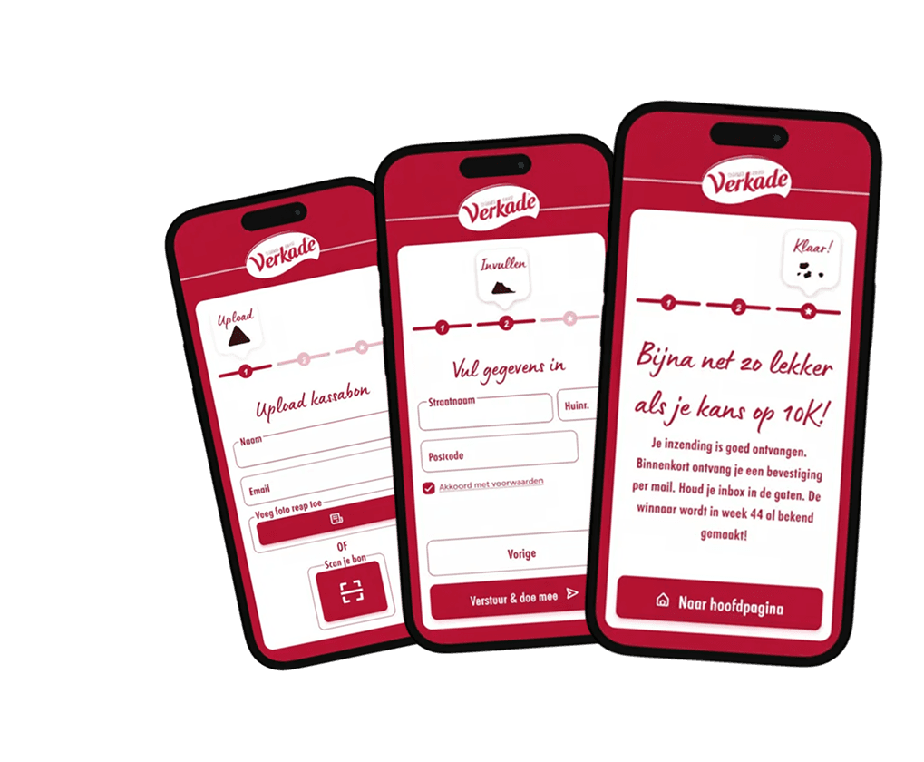 Three phone screens from the entry flow: uploading the receipt, filling in address details and the confirmation that the entry has been received.