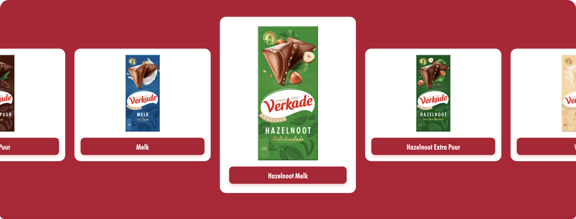 Product picker in the campaign: a row of Verkade bars from which the participant chooses the flavour they bought.