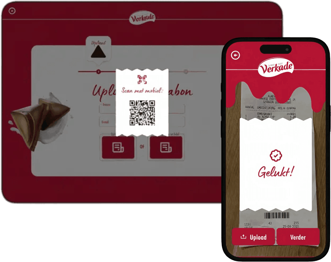 The upload screen on desktop with a QR code to switch to a phone, next to the phone screen where the photographed receipt has been approved.