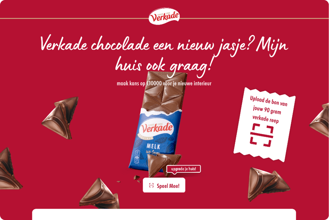 The promotion's campaign page: the Dutch headline "Verkade chocolade een nieuw jasje? Mijn huis ook graag!" (Verkade chocolate in a new wrapper? My house too, please!), a milk chocolate bar and a receipt with a prompt to upload it.