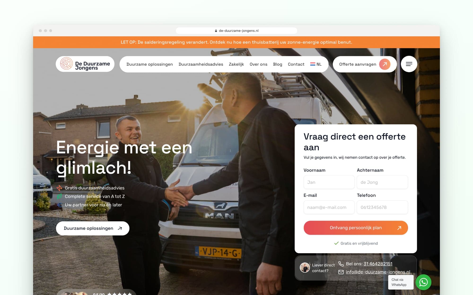 The De Duurzame Jongens homepage with the short form to request a quote straight away