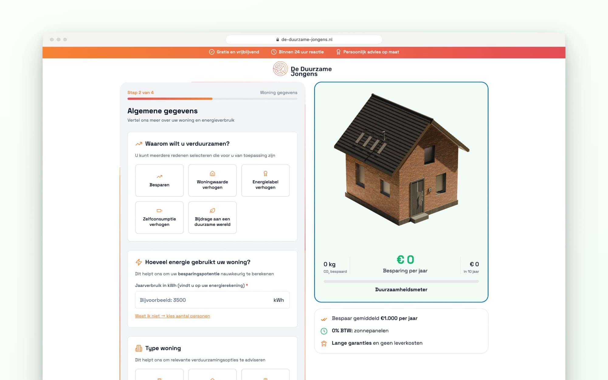 Step 2 of the quote tool: the reason for going sustainable, energy use and type of home