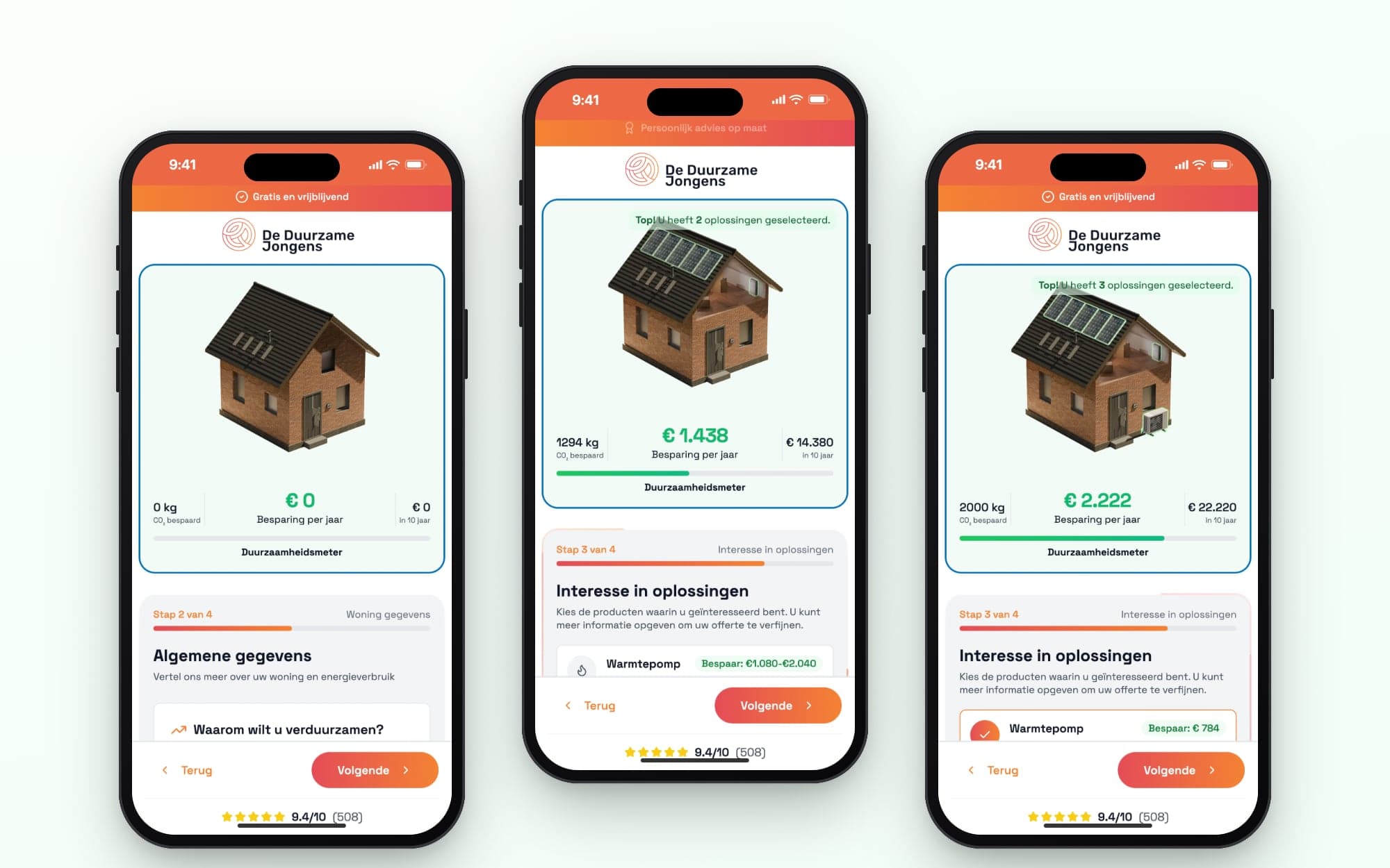The quote tool on a phone: step 2 and step 3, with the house and the savings above the form