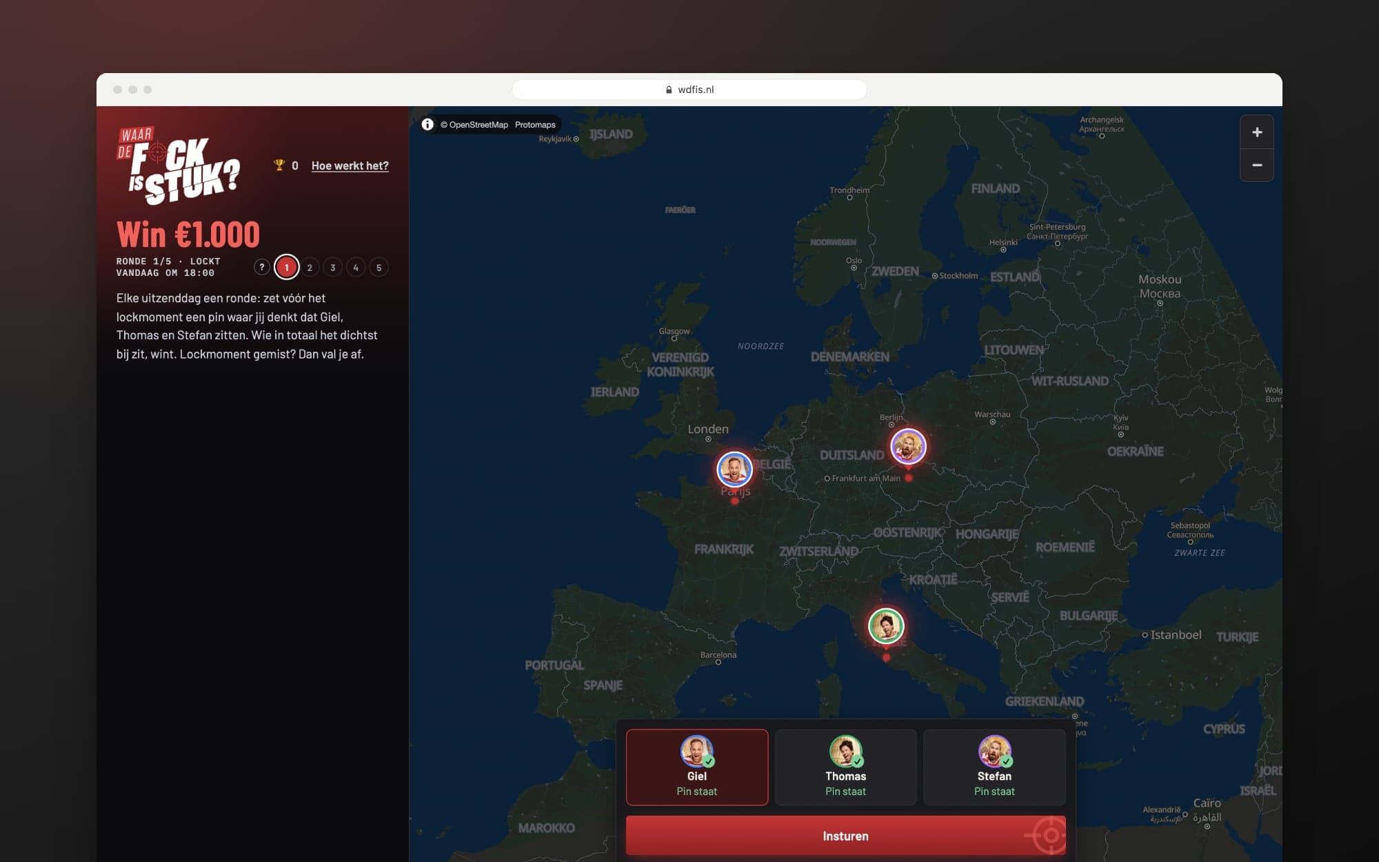 The pin game on desktop: Win €1.000, the five rounds and the map of Europe with pins for Giel, Thomas and Stefan