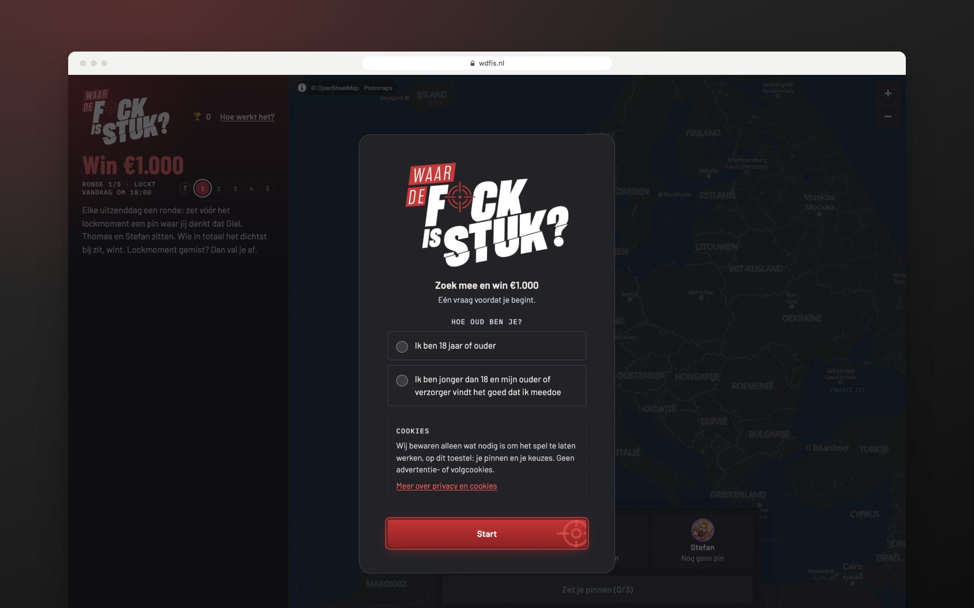 The Waar de F*ck is STUK? welcome screen, with the age choice and an explanation of cookies