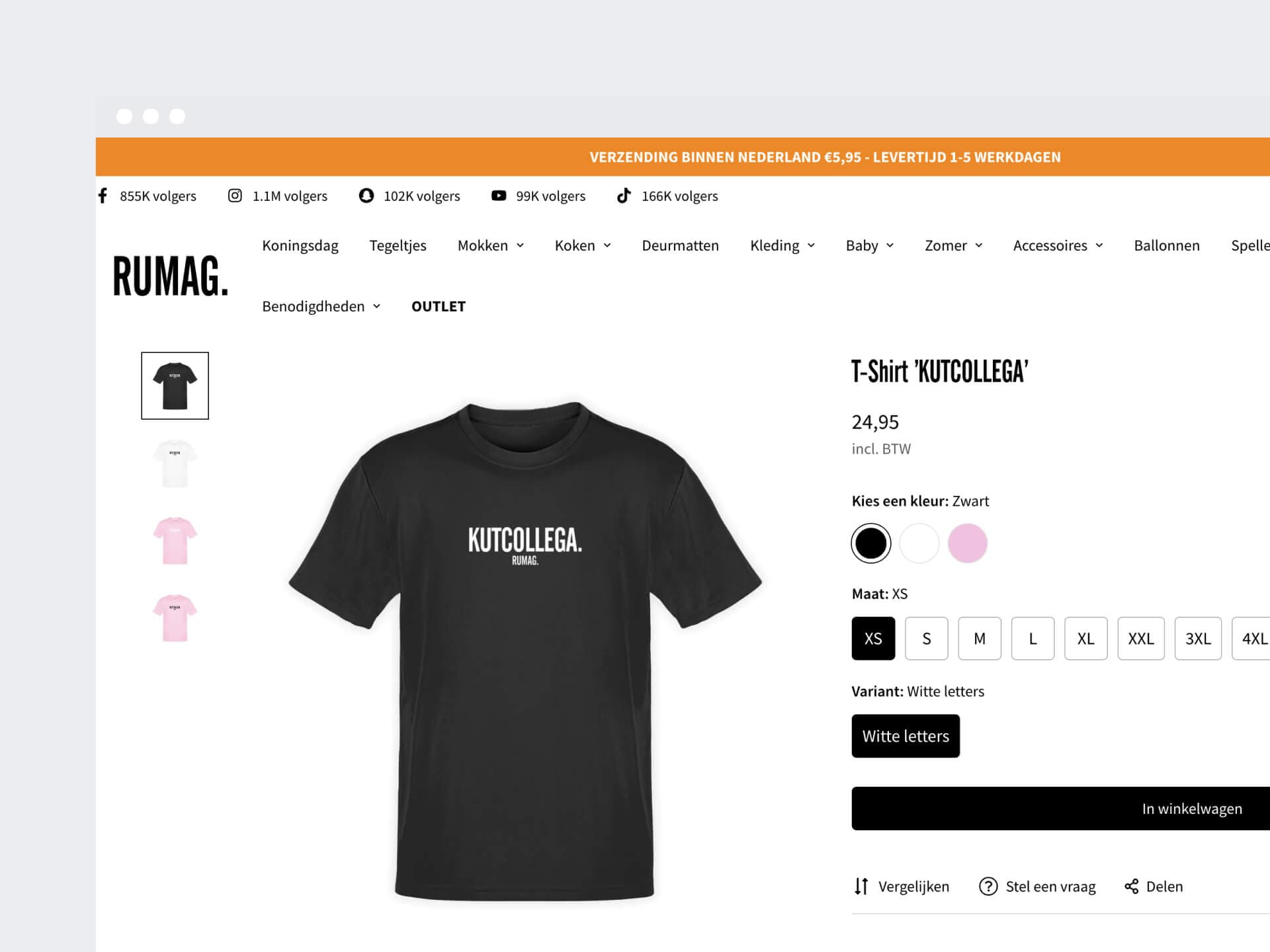 A T-shirt product page in the online store: product photo, colour and size options, price and the add-to-cart button.