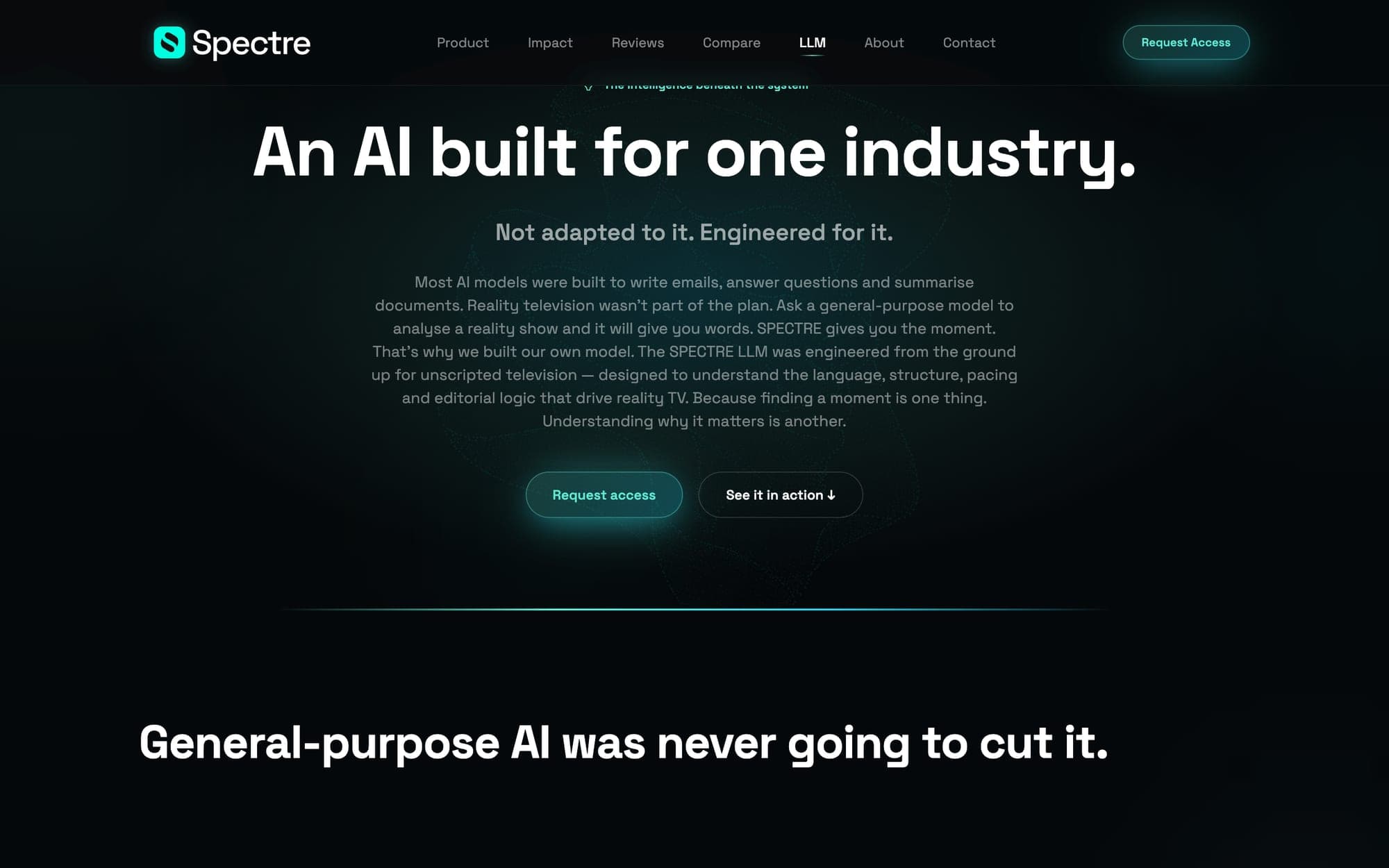 The page about Spectre's proprietary model, with the heading "An AI built for one industry"