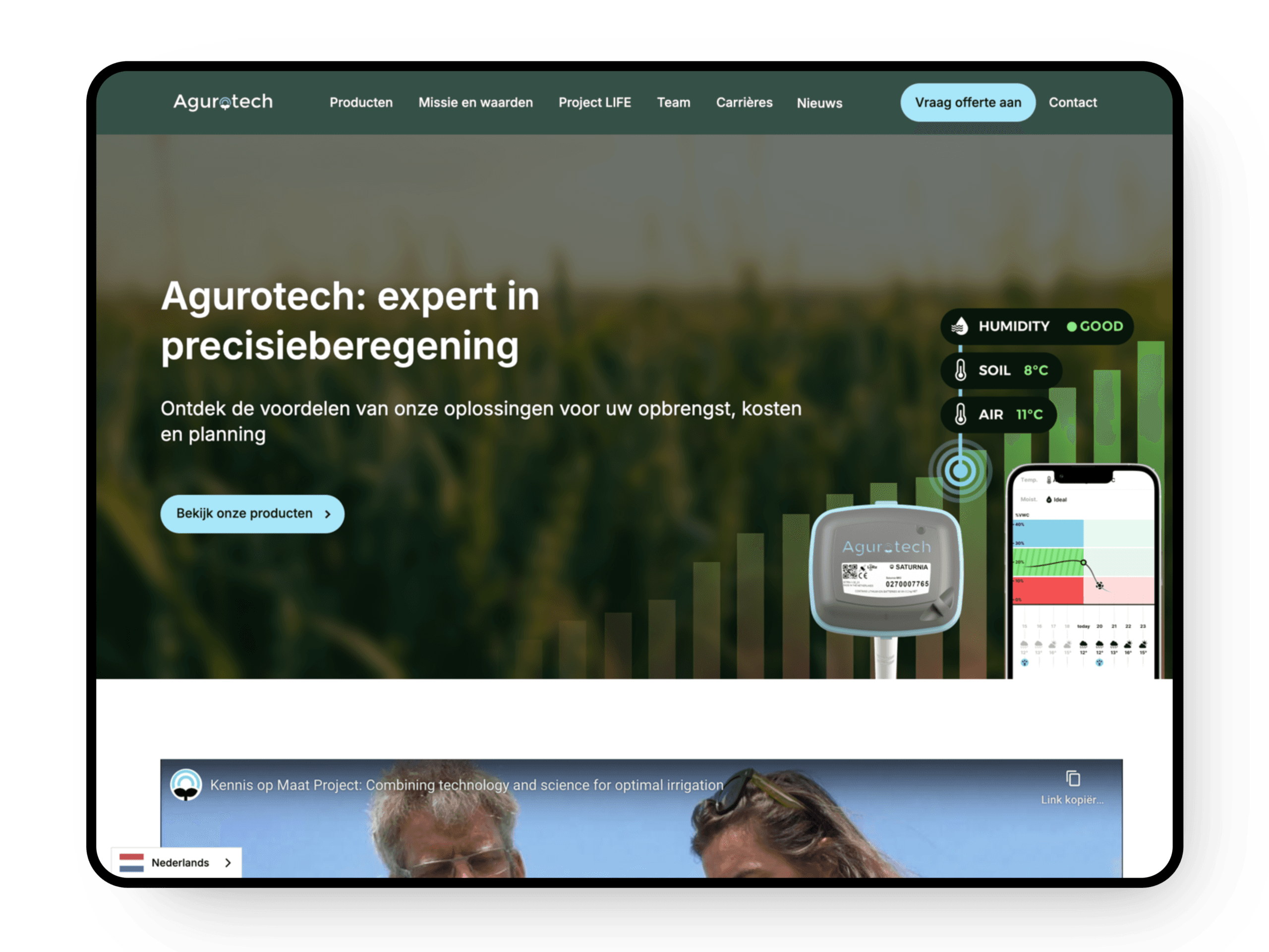 The old website: "Agurotech: expert in precisieberegening" (precision irrigation), with a sensor in a maize field and readings for moisture and temperature.