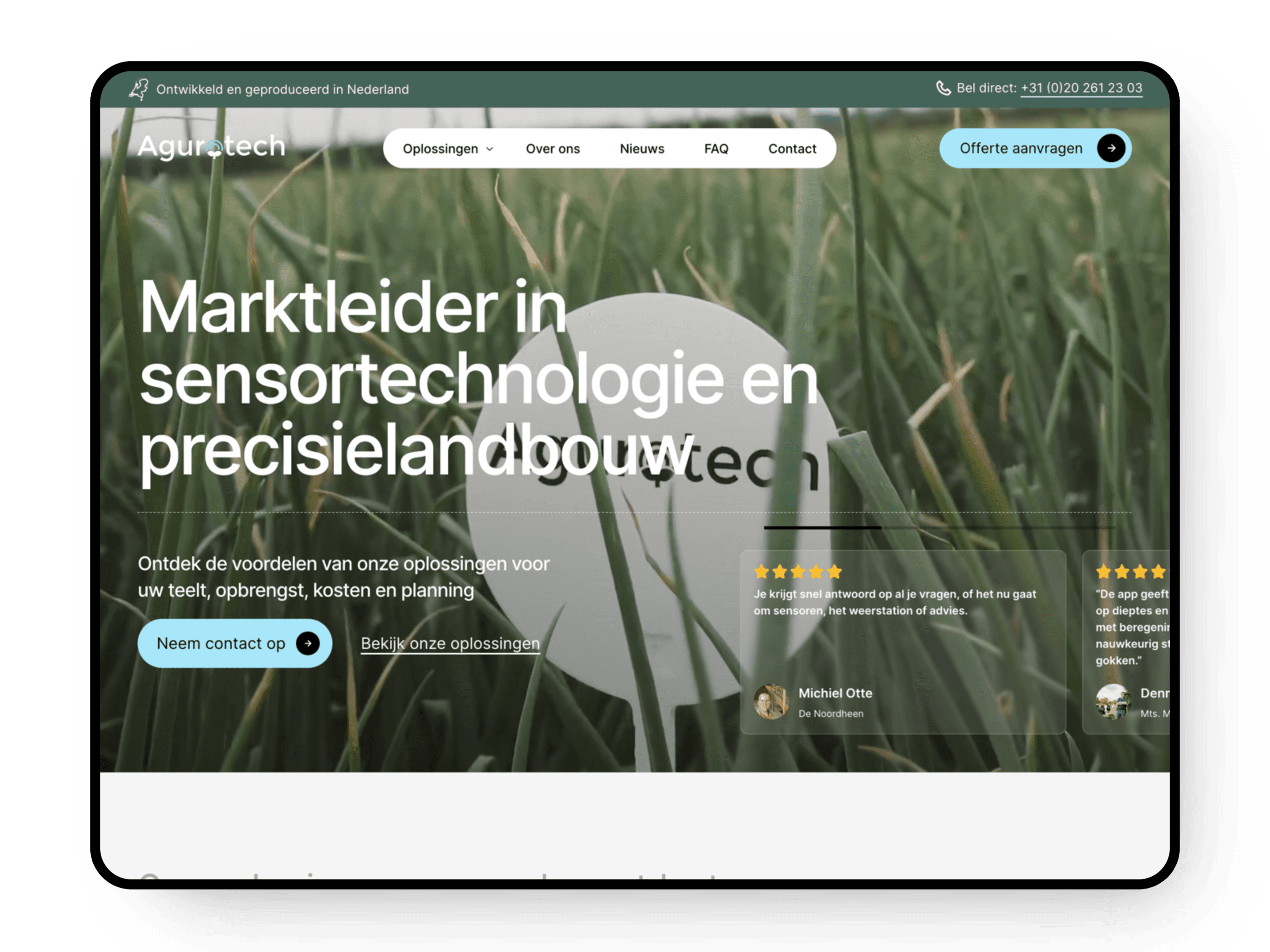 The new homepage: "Marktleider in sensortechnologie en precisielandbouw" (market leader in sensor technology and precision agriculture) over a close-up of a sensor in the crop, with customer reviews bottom right.