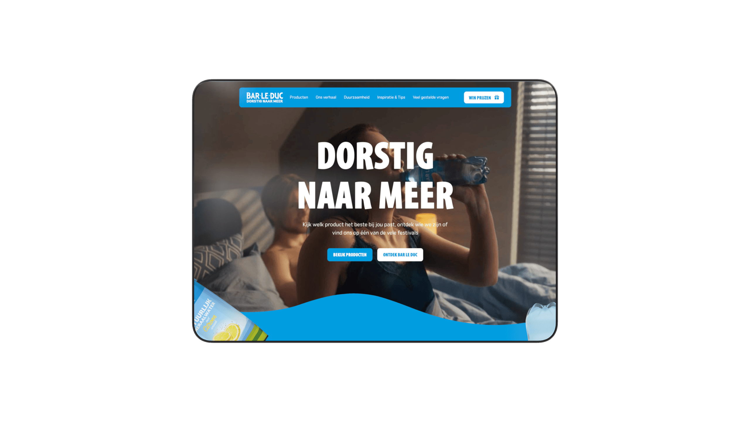 The homepage with the Dutch heading "Dorstig naar meer" (Thirsty for more), a video still of someone drinking and the buttons to the products and the brand story.