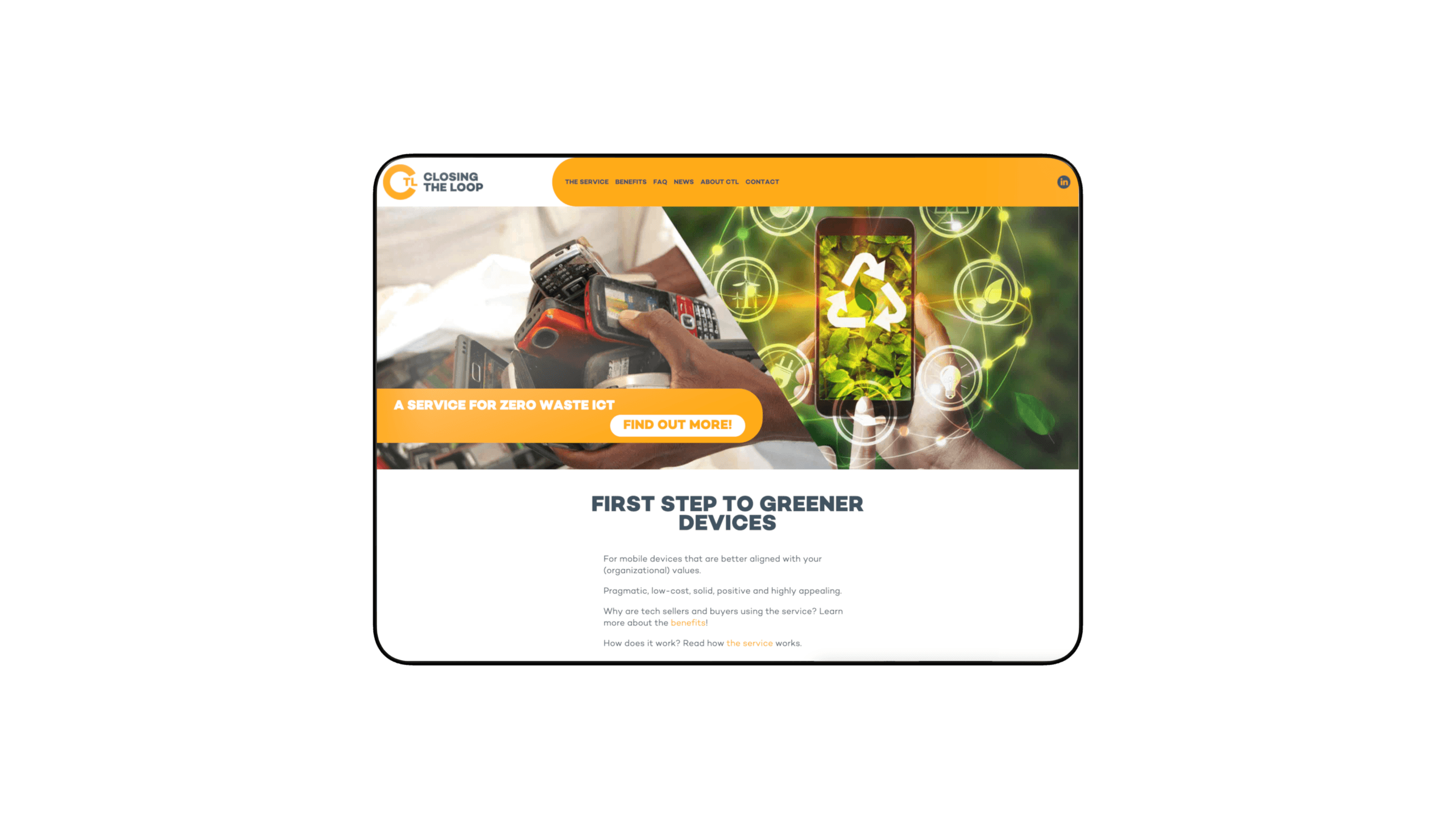 Closing The Loop's old website: an orange bar, a collage of collected phones and the heading "First step to greener devices".