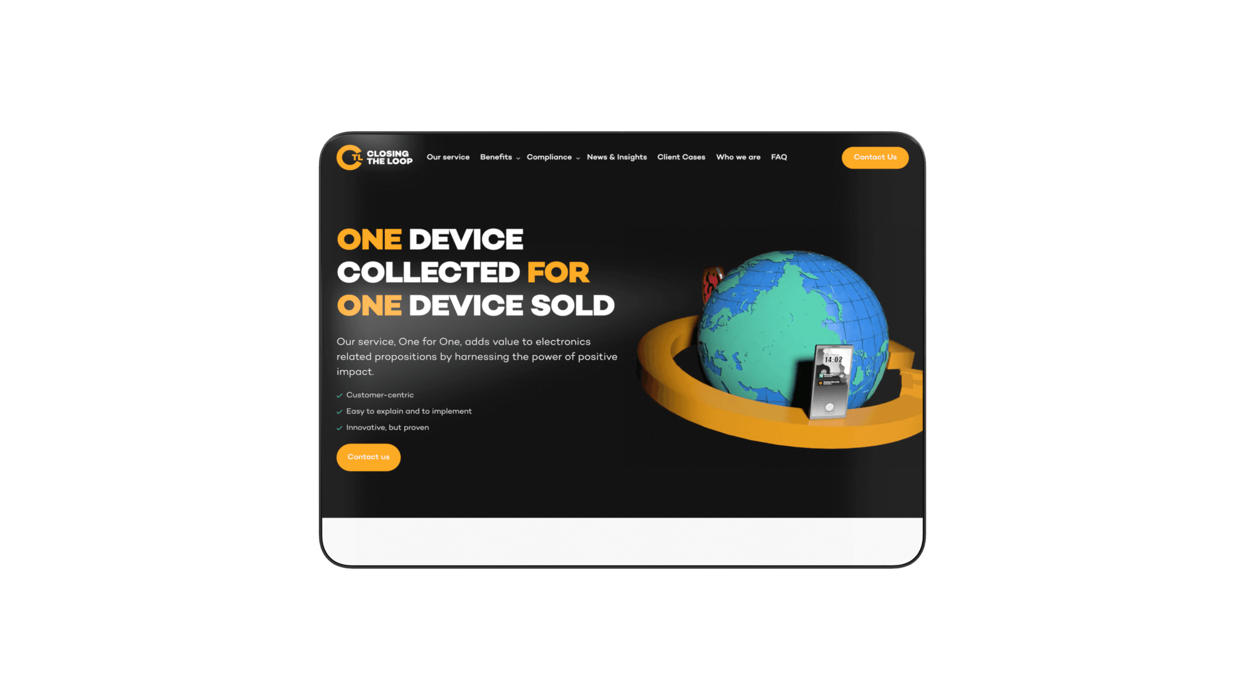 The new homepage: the heading "One device collected for one device sold" on a dark background, with a 3D globe with a phone circling it.