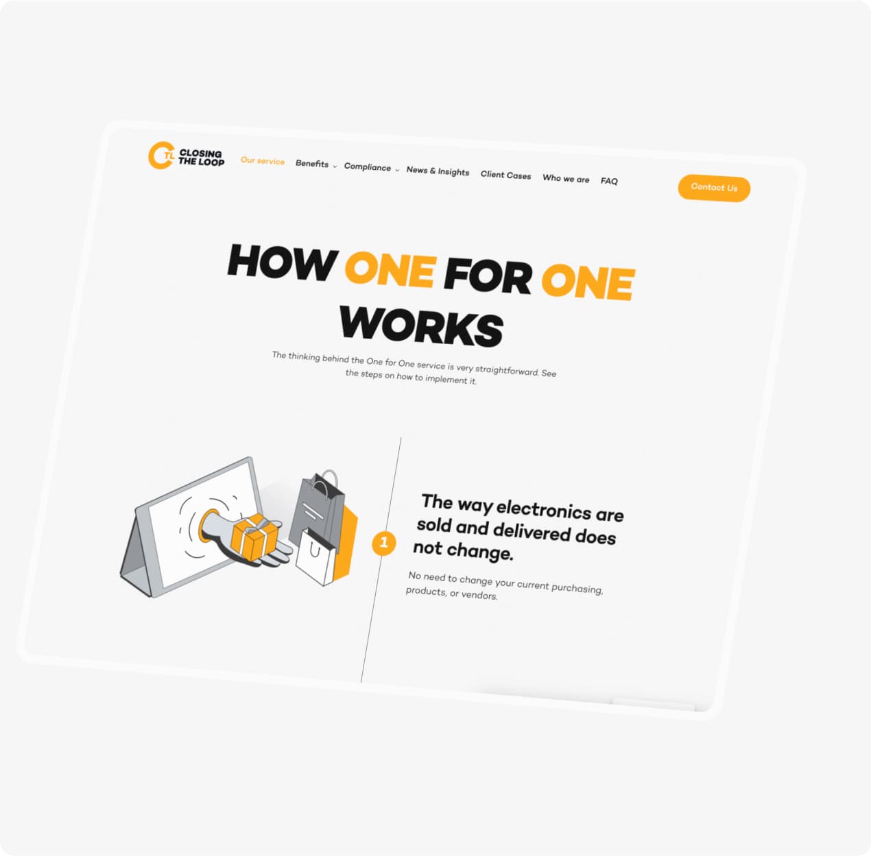 The explainer page "How One for One works" on a laptop, with step 1 and an illustration of a parcel coming out of a screen.