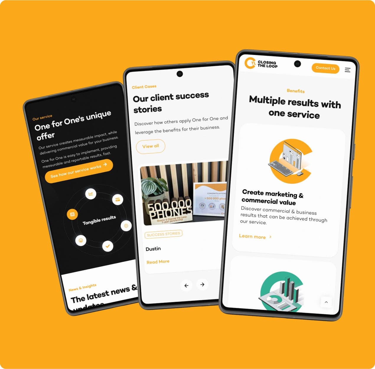 Three phone screens side by side on an orange background: the service section, the customer stories and the overview of results per service.