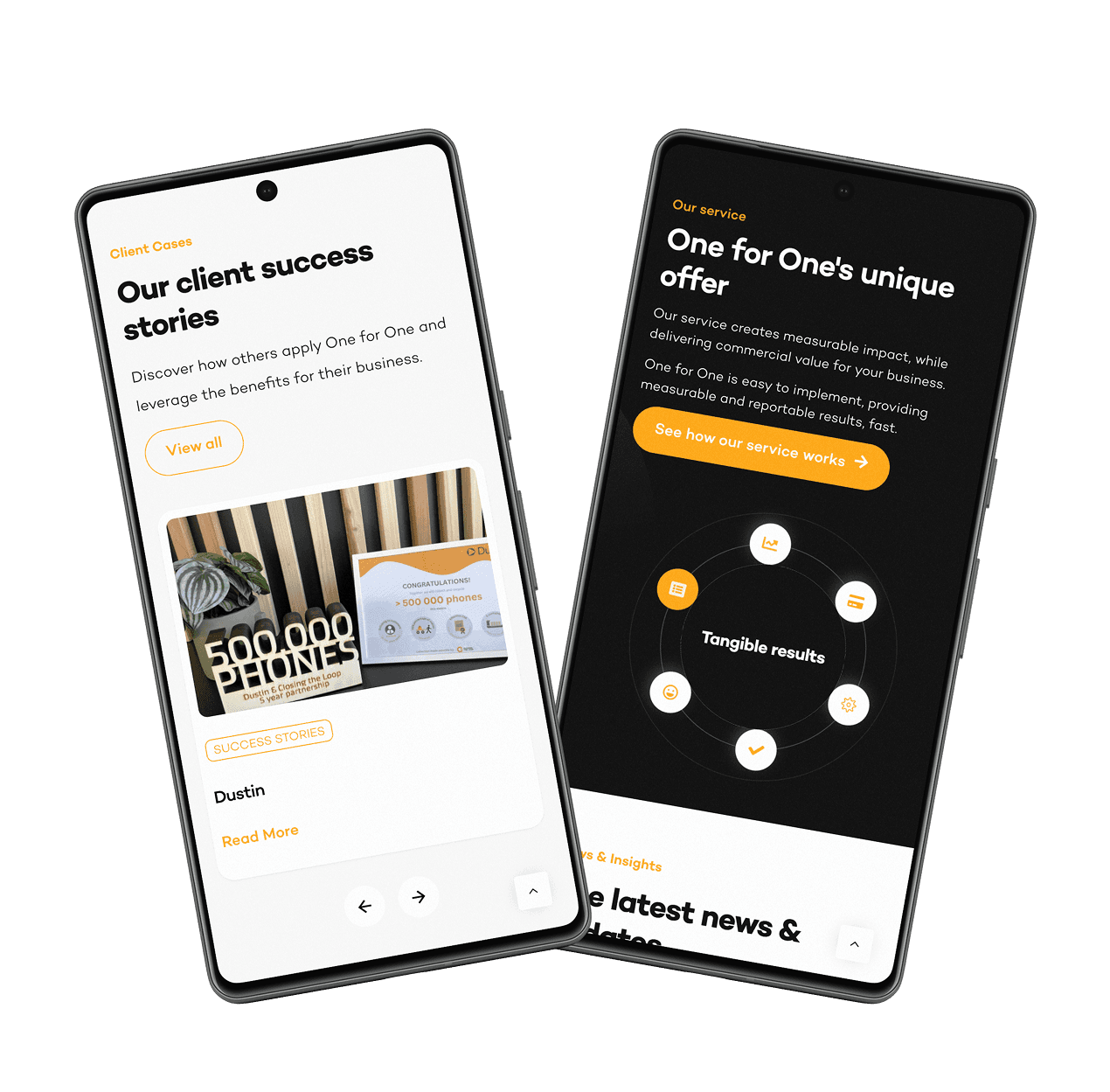 Two phone screens: customer stories with a milestone of 500,000 phones collected, and the service section "One for One’s unique offer".