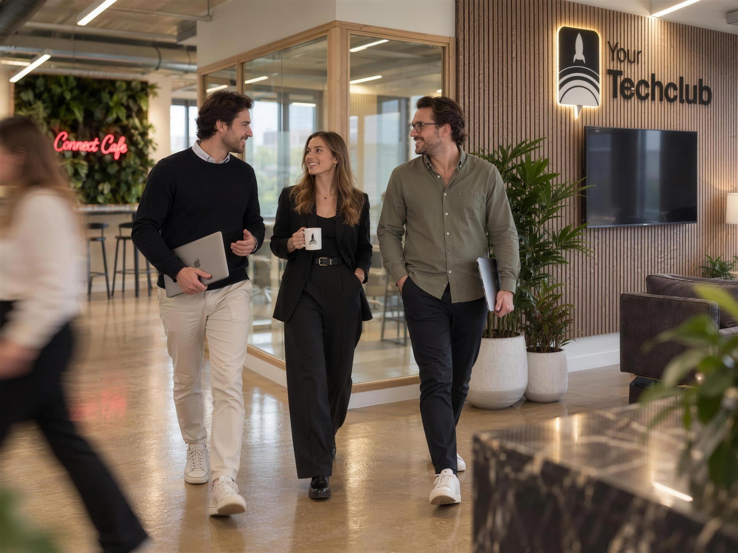 Three people walking through the Amsterdam office, past the logo wall