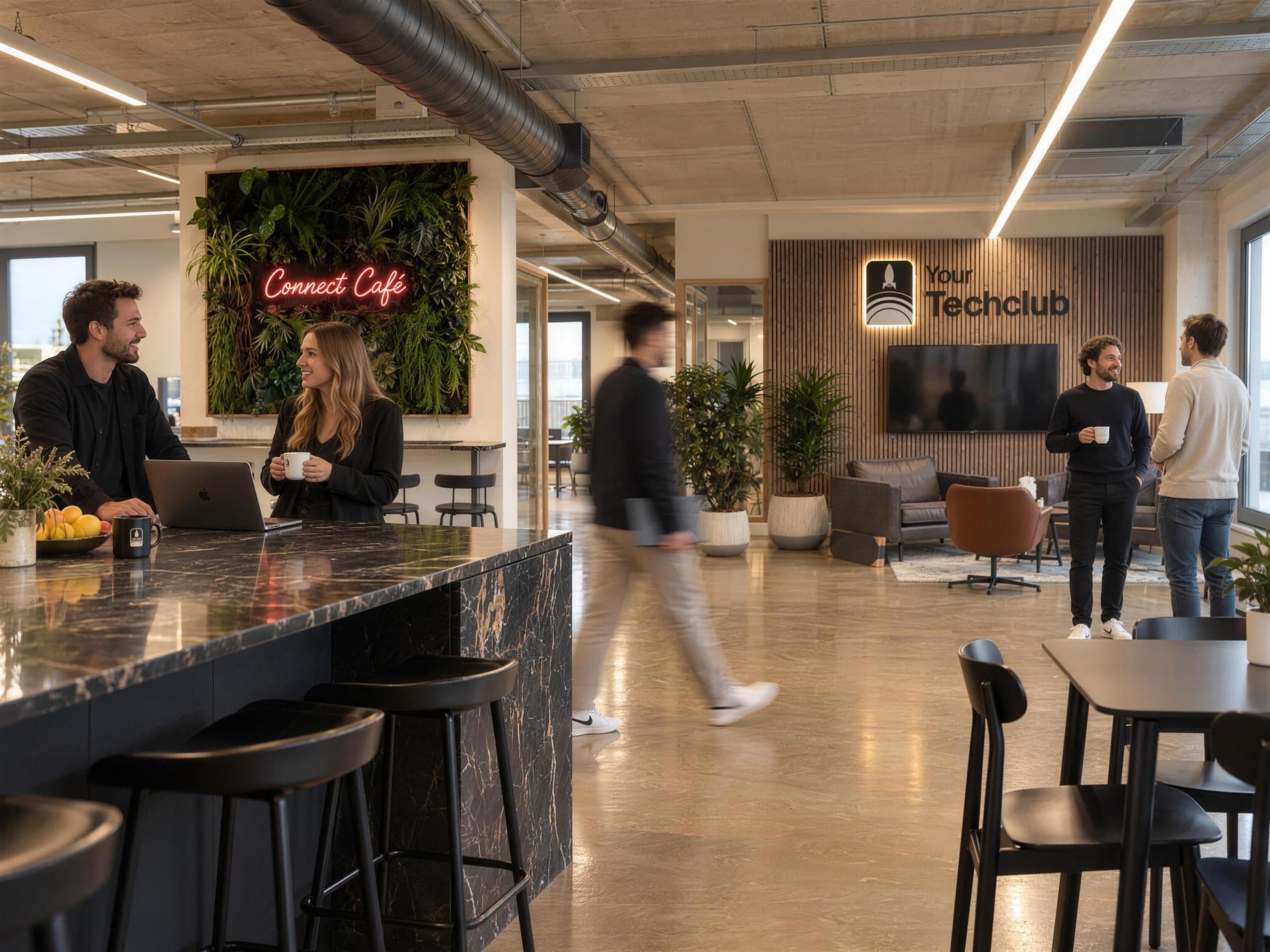 The open workspace of the Amsterdam office, with the Connect Café and the logo wall