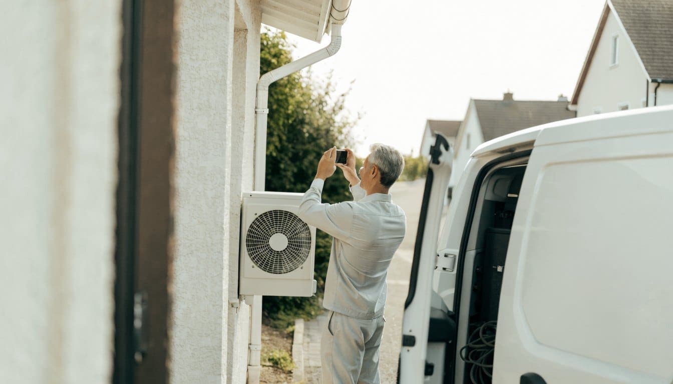 A technician next to his van photographs a newly installed heat pump
