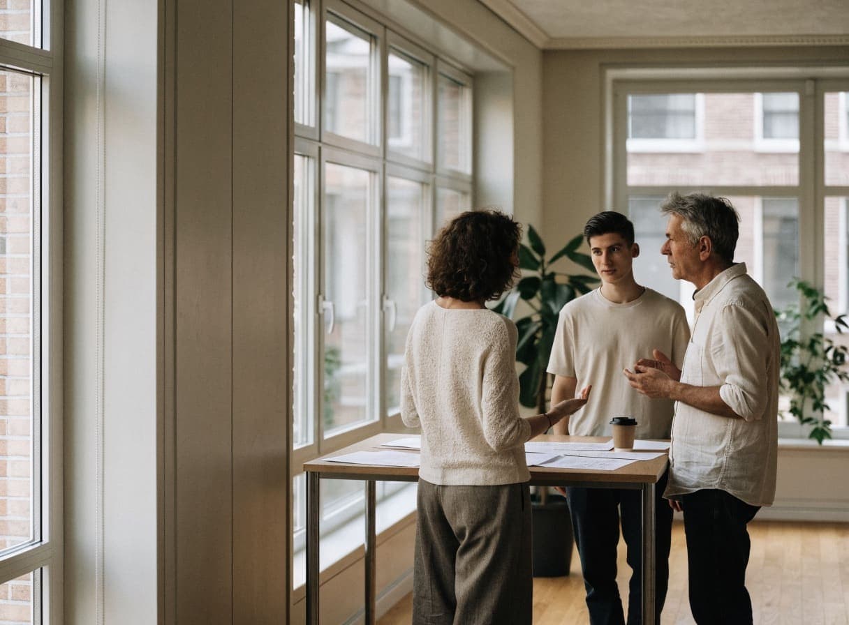 Three colleagues talking at a standing table with papers by a large window
