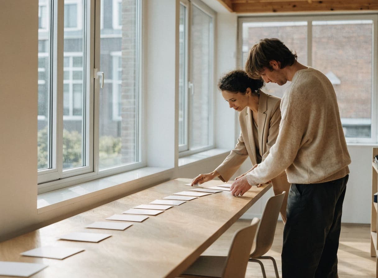Two colleagues laying out cards in a row on a long table by the window