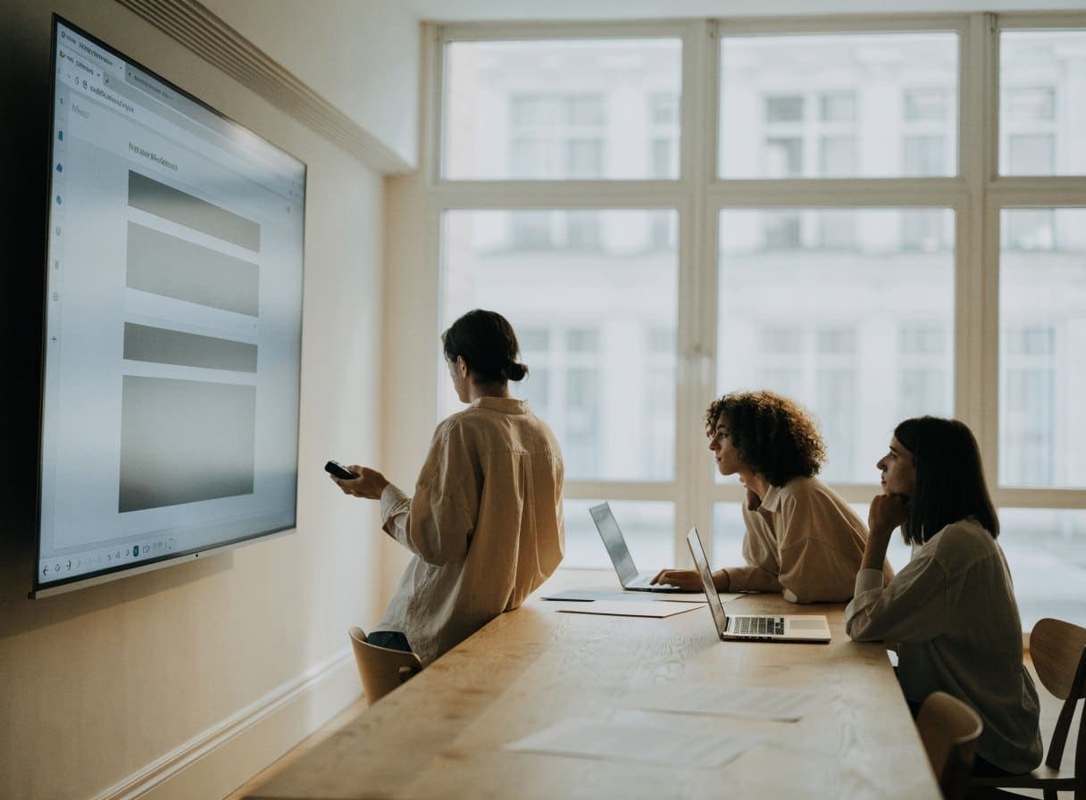Three colleagues in a meeting room looking together at a screen on the wall