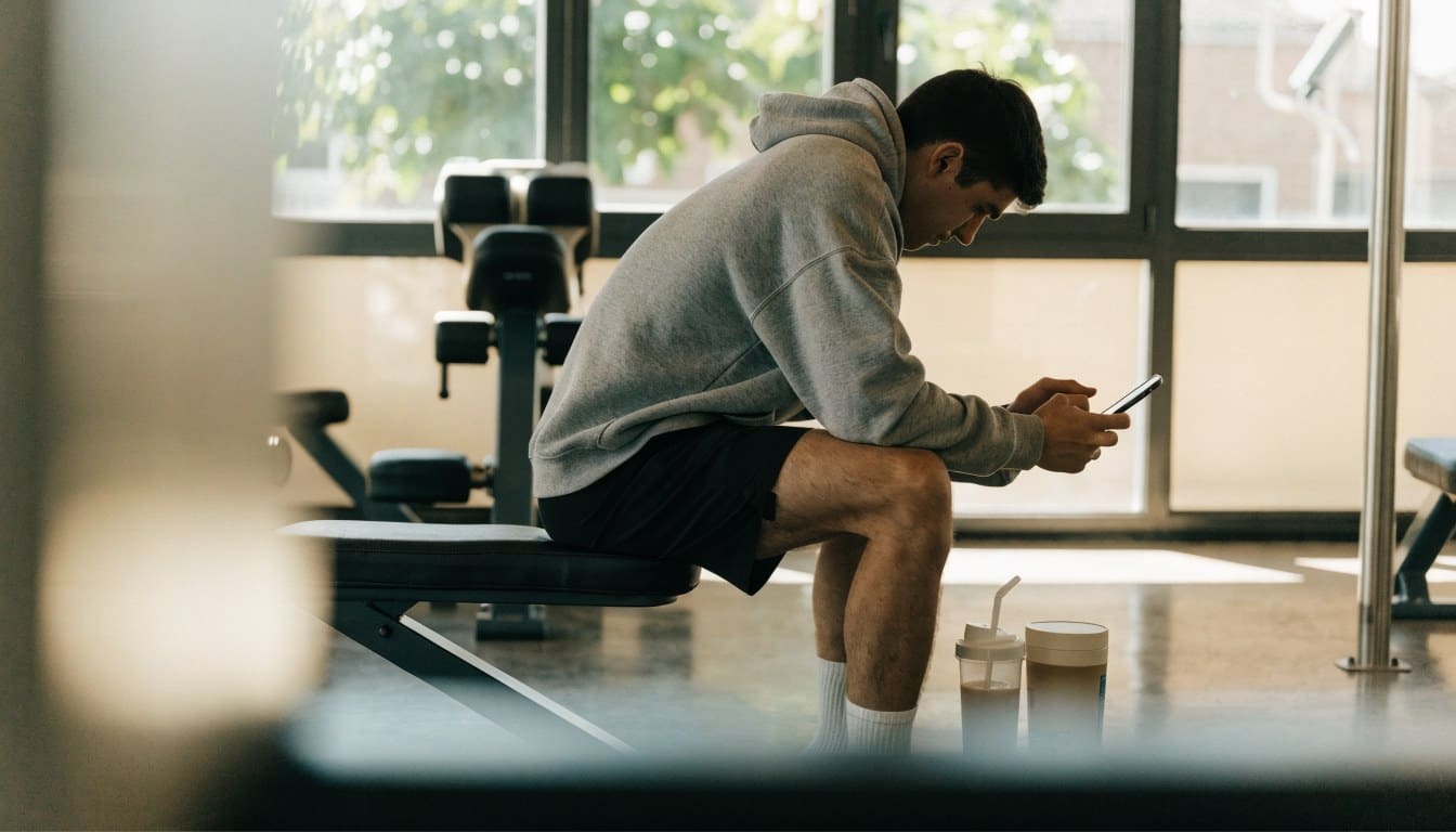 An athlete with a shaker and supplements next to the bench in the gym